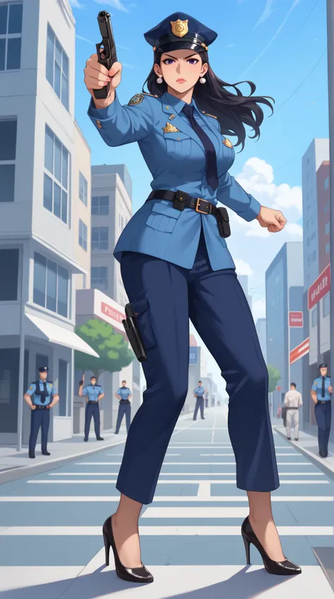 Female detective,Yukari Morikawa, police uniform, Tokyo Metropolitan Police Public Security 2nd Division, agile, flashy appearance, strong confidence, intense gaze, sexy and assertive, holding a gun, tracking cursed pistol, brave expression, professional v...