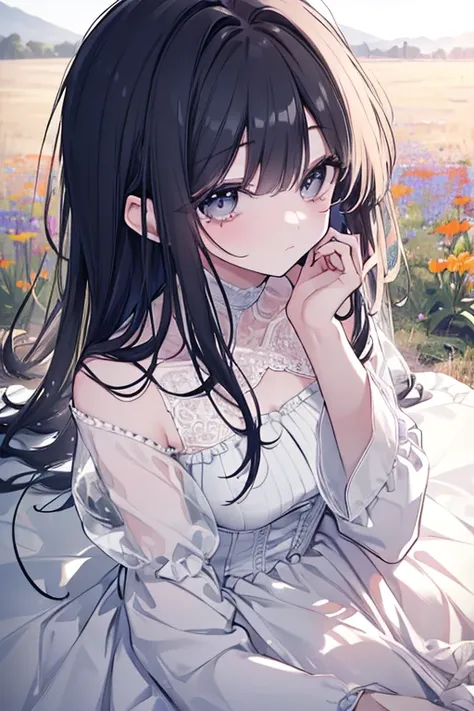 a beautiful young woman with long dark hair, sitting alone in a field of wildflowers, looking wistfully into the distance, a melancholic expression on her face, as if longing for someone she can never have, (best quality, 8k, highres, masterpiece:1.2), ult...