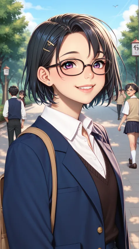 Young woman,Masami Asakura, stepsister, glasses, slightly sassy expression, a bit cheeky, youthful vibe, school uniform, black short hair, smile, subtle provocation, cute face, personalized glasses, high school background, lively atmosphere::1.5