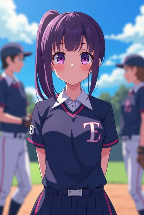 Japanese animation style、 high school girl、Baseball players、 Baseball Cap 、Dark Purple Long Hair、single ponytail、 purple pupils、 full breasts 、From Taiwan