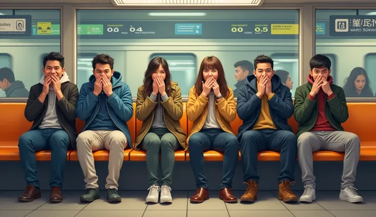 People sitting on chairs at subway stations place their hands on their mouths and smile