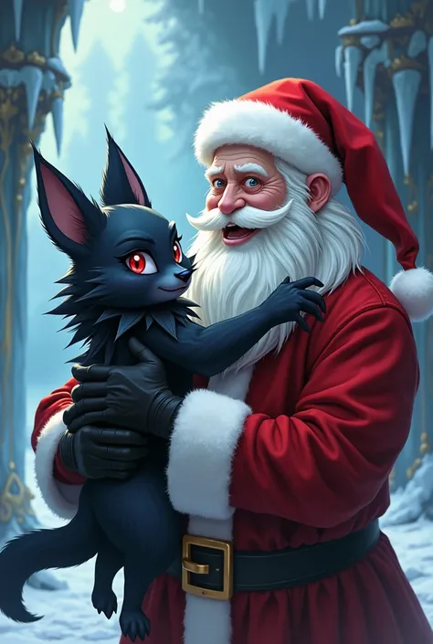 Anime style gothic furry posing with Santa Claus for an anime-style photograph 