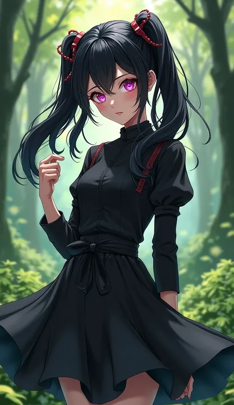 Genshin , girl with wavy black hair,  2 long pigtails , magenta eyes,  in a forest , coquette, black casual wear with skirt