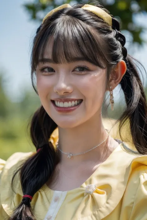 (realistic, photo-realistic:1.2), (masterpiece, best quality), high resolution photograph, extremely detailed, intricate details, sharp details, sharp focus, professional lighting, (portrait), solo, 1girl, a Japanese female idol, ((yellow clothes, idol cos...