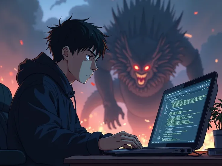 give me an anime image of a man who is coding and his expression is focused and serious and then with a background scene that is chaotic with a big monster war in it.