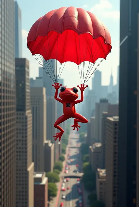 Create a red frog that jumps from a skyscraper in Manhattan with a parachute with a red frog drawn 