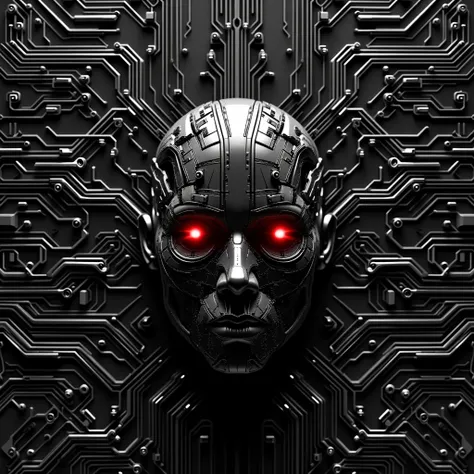 Album cover inspired by Gesaffelstein artwork , Ultra high-resolution black and white photo of a quantum computer circuit board as a cyborg head red laser beam eyes high details complex head very many details,  ultracomplex circuit board environment with m...