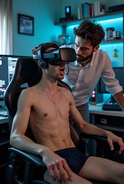 A perfect good looking young guy in a futuristic study room, wearing, hypnotised, a vr thin hypertecnological headset with integrated earpieces, he looks completely taken by the moment, he is sticking out his tongue, he has an erected penis and is horny. H...