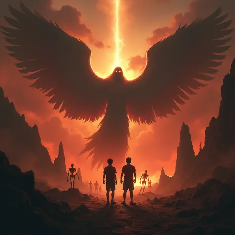 "Ethan e Elyse, Two young brothers,  are standing in a devastated landscape , ready to face chaos . Behind them,  a colossal fallen angel emerges with wings torn and eyes shining in malice,  emerging through dark mountains .  Rays cut through the turbulent...