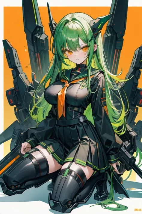 Green hair, orange eyes, black seifuku, boots, stockings, kneeling, large breasts, mechanical parts