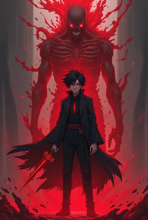 Draw a picture of an anime-style character using his blood as a weapon,  I want the blood to look like smoke instead of solid and to have the shape of a skeletal monster behind him