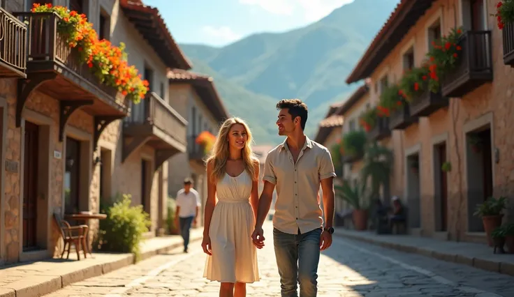 Picturesque mountain village Santa Elena, golden afternoon light. Main street view with small shops and traditional architecture. Focus on young couple: Valeria (blonde hair, blue eyes, wearing light summer dress) and Andres (tall, dark hair, wearing casua...