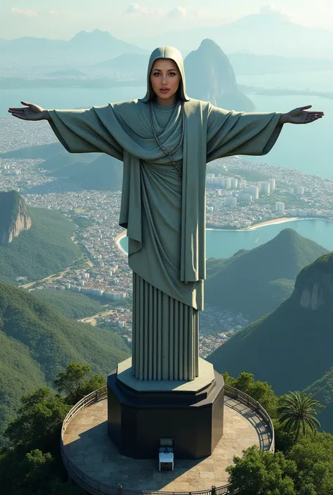 Create a Realistic Image of the Christ the Redeemer Statue, in rio de janeiro. The statue seen from above . At the head of the statue, the stone face, pop star singer Lady Gaga, with a very pointed nose.