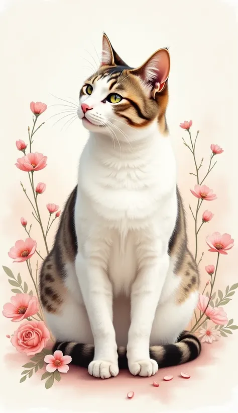 A serene portrait of a cat turned into an elegant ink-and-watercolor painting, with delicate floral motifs and soft pastel tones enhancing the background.