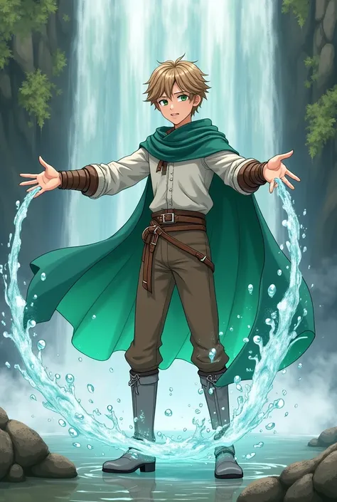 (anime) A teenage boy ,  with light brown hair ,  green eyes, wearing medieval clothes, What are a white blouse with long sleeves , A brown pair of pants, gray boots,  a green cape with the bottom painted with an aqua green, next to a waterfall and using y...