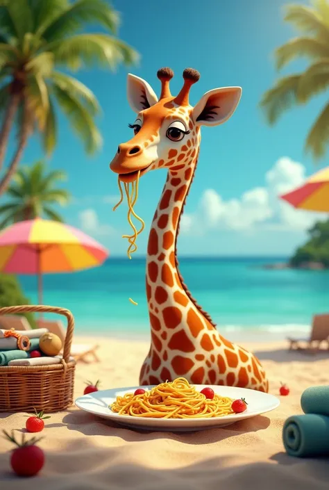 Draw a giraffe eating pasta on the beach