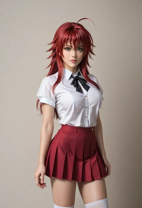 (riasdxd) , sexypose, Nudie,seducting, The character ((rias gremory)), riasdress,school uniform,puffy short sleeves, striped shirt ,black neck ribbon,maroon pleated skirt, white socks((unbottoned shirt) ) ,((sexy)) ,((big breasts)) , Realistic, Very detail...