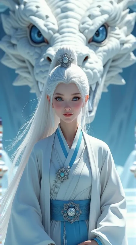  Anime. (Mature woman, mommy). frontal view, A beautiful, stylish, long, flowing white hair tied half of her head with a brooch, blue eyes, (standing in a ice palace) ,smiling, Handsome. Ancient mature woman, dressed in a white and blue Chinese costume, be...