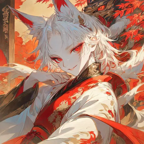  white hair ,  red eyes, Fox Monster , Fox ears, fox tail, masterpiece,  top quality,  traditional clothing ,  comfortable pose , Colorful pattern, Decorative borders, fallen leaves background ,  Warm Color Palette ,  Japanese Aesthetics ,  Detailed Fabric...