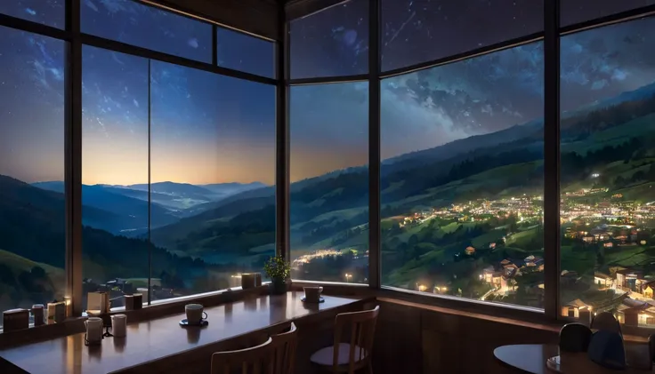 night time, coffee shop, big window in center, valley down below