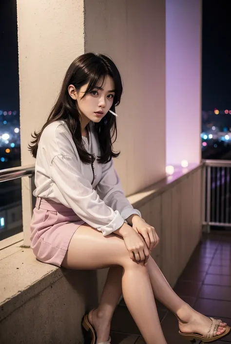 Japanese white girl, long wavy spongy hair purple and chocolate brown color, microbangs, slanted purple eyes, soft pink glossy big lips, piecings, rocker aufit. sitting on the wall of a balcony at night in the city, smoking, dominat expression, soft light,...