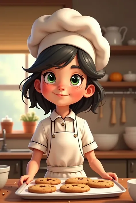 Create an image: create an animated baker girl with white skin and freckles and green Hazel eyes and black hair holding cookies in her cook costume