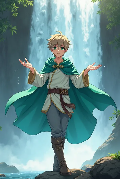 (anime) A teenage boy ,  with light brown hair ,  green eyes, wearing medieval clothes, What are a white blouse with long sleeves , gray pants and boots ,  a green cape with the underside painted with water blue ,  next to a waterfall and using your hands ...