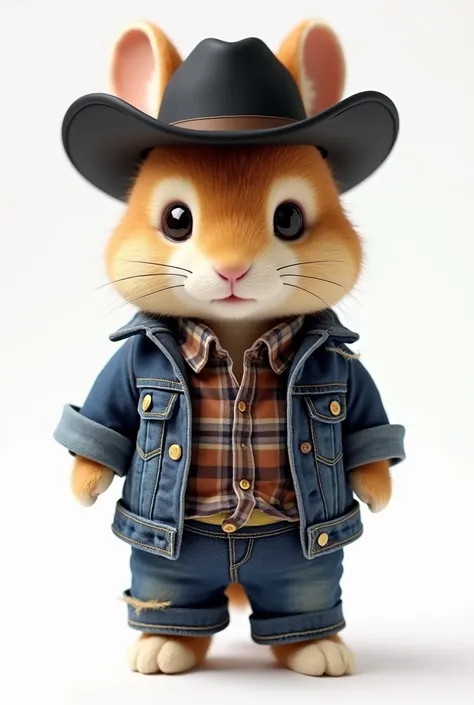 Faça um sylvanian families menino com um chapéu de cowboy preto e com as roupas do personagem jack do filme brokeback mountain em um fundo branco 