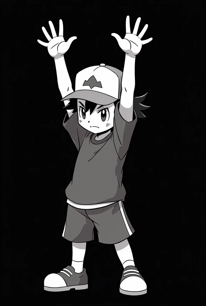  Black and white image of a Pokémon trainer that looks like Ash Ketchum in the center,  half body, with both arms raised at half height ,  on a black background .  Character expression shows seriousness . Only the character in the center , smooth black bac...