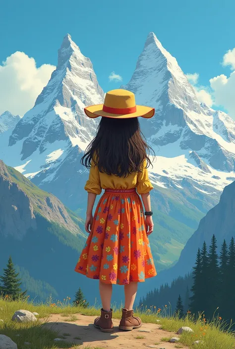  arafed image of a girl wearing a hat and a colorful dress stands in front of a mountain range, by Juan O&#39;Gorman, by Hamish MacDonald , Brittney Lee,  atey ghailan and steve mccurry ,  girl from the Alps ,  young woman from the Himalayas , just a joke,...