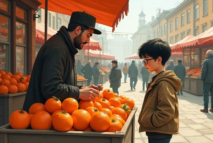  Animation in the style of drawing by David Cherkassky,  A typical Georgian in a cap sells tangerines at the New Years Fair, dull black-haired student boy with glasses looks at a tangerine