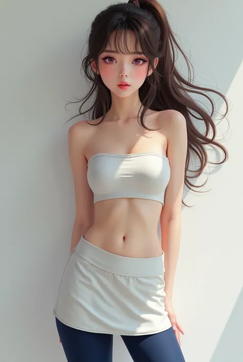 A realistic image of a 5 foot 1 inches Japanese woman with a pony tail and pink eyes and brown wavy hair and wearing heavy makeup, a white skirt without straps, and navy blue tight leggings.

