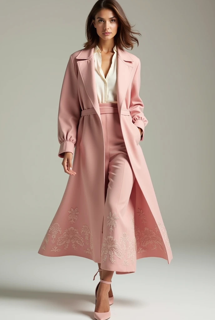 For April’s high-end elegant street fashion, the model wears a flowing blush rose-pink wrap coat made from lightweight, water-resistant fabric, perfect for handling Aprils gentle rain and mild breeze. The coat features a draped shawl collar, a belted waist...