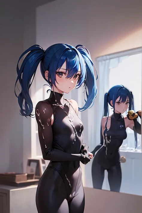 masterpiece, best quality,anime style, 1 girl,(((slender body))),(((athlete suit))), (((small breast))),((((1 monkey grabbing the girl)))),((((cum)))),(beautiful face), (((short twintail))), (((straight hair))), ((((blue hair)))),detailed beautiful skin, (...