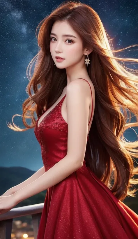  a beautiful woman about 20 years old looking at a beautiful starry sky　 high image quality、 High Quality 、Realistic Ultra Detailed 、 Red Dress 、Long brown hair fluttering 、Whole-body textured skin,  Ultra Fine, 