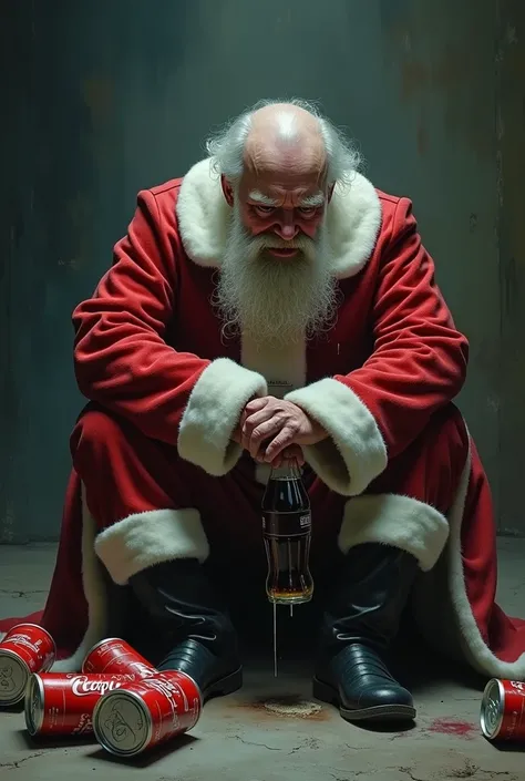 I want you to make a realistic image of Santa Claus crying and dying of sadness for drinking Coca-Cola 