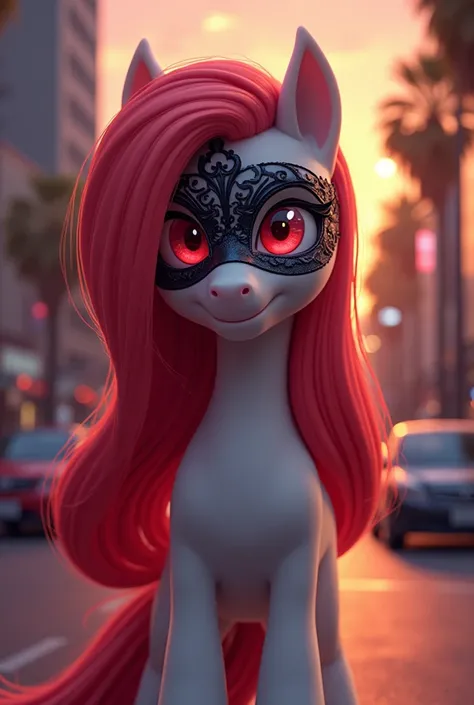 my little pony, female pony, red straight hair, red eyes, medium hair, white skin, wear mask, los angeles at evening, 3d