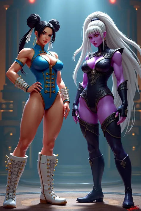 Chun-Li and Sindel are positioned side by side, exuding contrasting yet equally powerful auras. Chun-Li, dressed in her iconic blue qipao with gold accents, sports her spiked wristbands and white combat boots. Her strong, athletic stance reflects her disci...