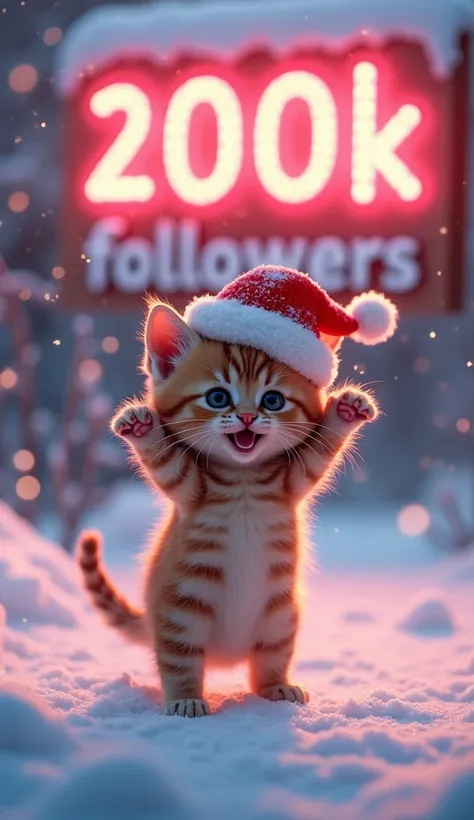  A cute kitten in the snow with a Santa Claus hat , He is dancing on top of a sign written on LED the phrase. ("200k followers Anima AI")