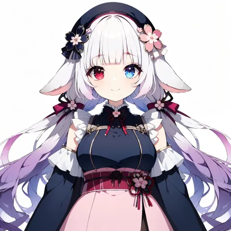 (feet out of frame:1.5), (the front, solo, 1girl:1.2), (virtual youtuber), complex cloth, looking at viewer, (upright, arms at sides:1.2), concept art, ((white background)), ((simple background)), (sheep ears), white hair, pink dip-dye hair, very long hair...