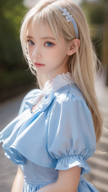 A beautiful platinum blonde girl who is extremely beautiful、( super detailed ),  light blue,(ruffle dress),(Short sleeve), upper body、 closeup 、Baby Face、Cute expression、,front, ,  teenage girl,No tail,(No tail),2D, masterpiece,  top quality , And soul, De...