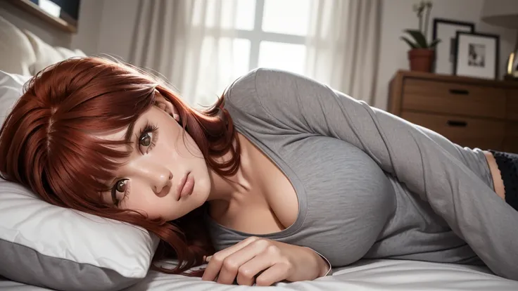 ((25 year old girl)), ((European facial features)), ((medium length red hair)), ((looking straight at viewer)), (bangs), (sidelocks), (bedroom), (lies on pillows), ((lies on side)), (grey shirt), (busty)