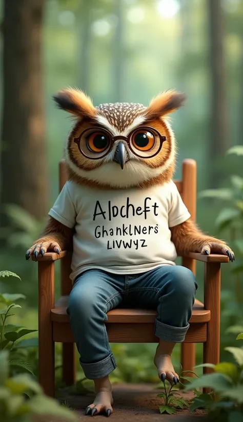 create a owl sitting in the chair in the forest, with casual clothes and writing in the t-shirt the alphabet , and eye glasses, looking the camera with smile
