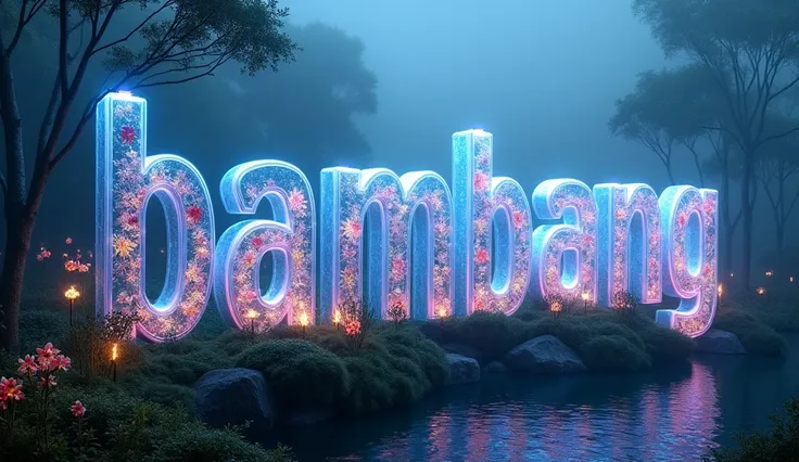 A mystical foggy garden with a large-scale art piece. The art piece is the name "Bambang ❤️ Ninik"  created from glass terrariums filled with bioluminescent flowers and glowing moss. The transparent structure of each letter glimmers with neon and bright co...