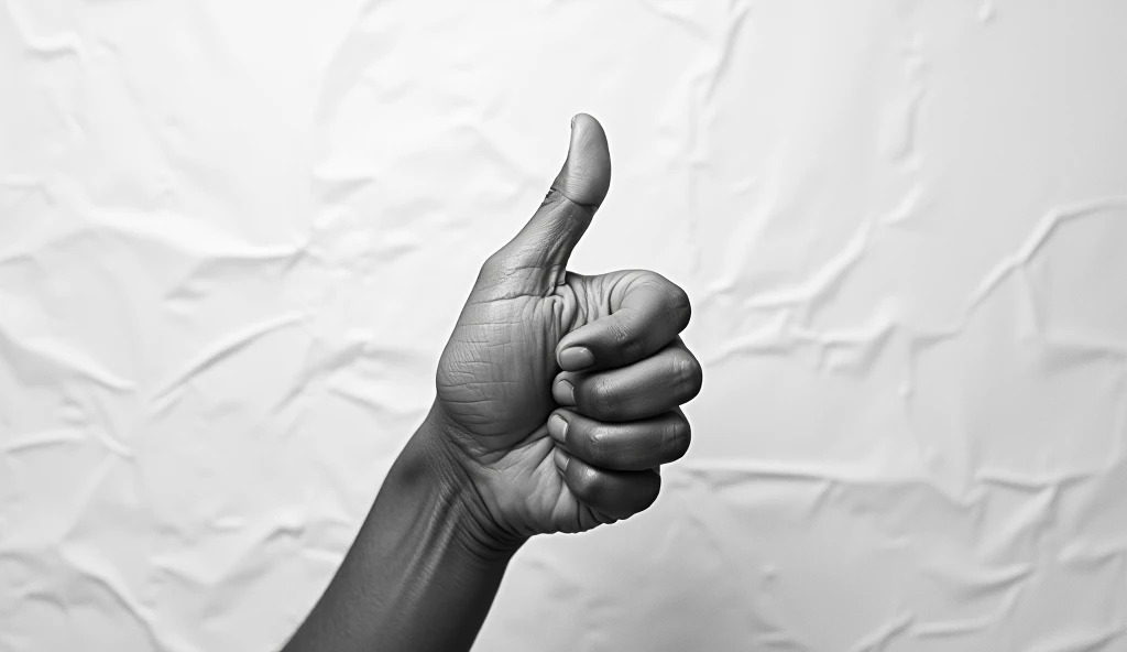 A detailed black-and-white photograph capturing a hand showing a thumb-down gesture, expressing a clear "dislike" sign. The hand, belonging to an adult of indeterminate ethnicity, is positioned prominently in the center of the frame, with the thumb extende...