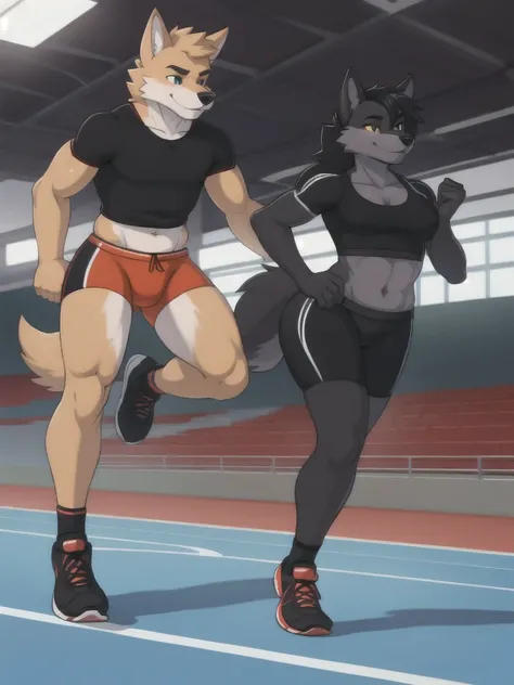 Furry, wolf, female, male, couple, black shirt, black spandex bike shorts, shoes, indoor running track, teen, competitor, full body