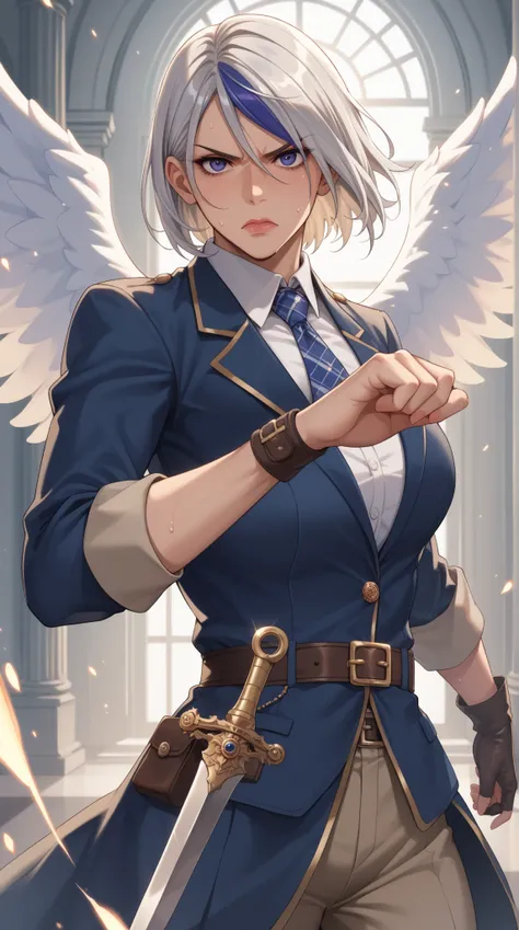 Female assassin, mysterious aura, Angel, cold and beautiful, wearing tight combat attire, steampunk or futuristic elements, short or medium-length hair, silver or dark-colored hair, stern expression, holding a dagger or firearm, dimly lit background, drama...