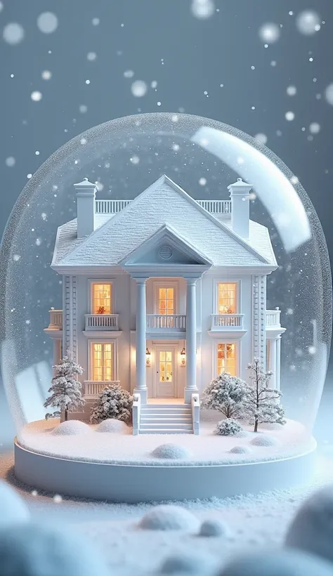 White luxury house inside a snow globe、 imaginary、 shining brightly、The background is inside the house