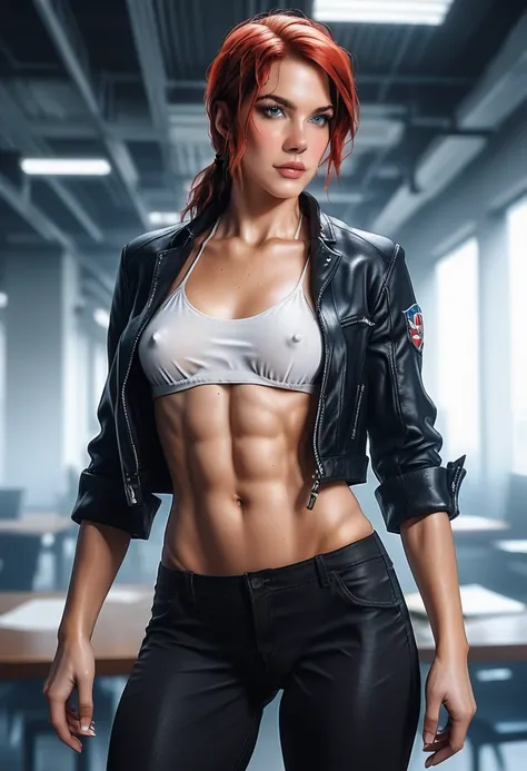 Score_9, score_8_up, score_7_up, source_real, photorealistic;; 1woman, J3sse;; red hair in a low loose ponytail, (blue eyes:1.32), slender, strong muscles, small breasts, erect nipples, midriff, red pubic hair peeks out, fitted and 3/4 cropped black jacket...