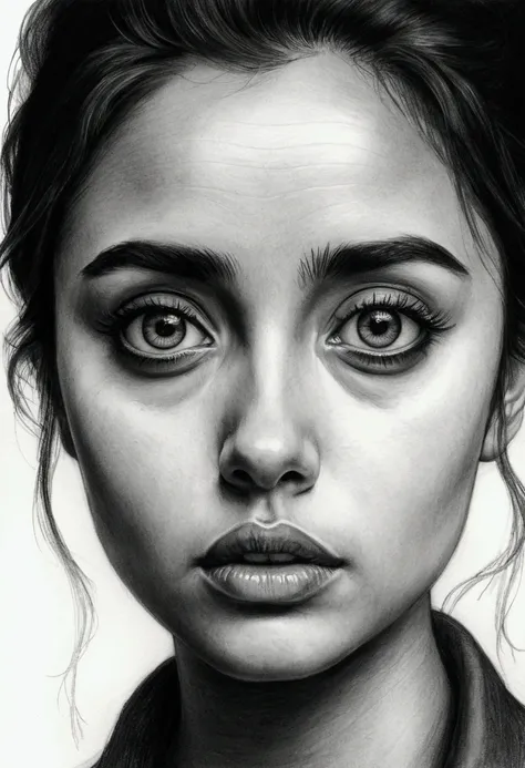  Charcoal drawing of a woman with perfect features,  big eyes,  small but slightly wide nose , Labios pequeños, in black and white, with a sad and annoying expression 